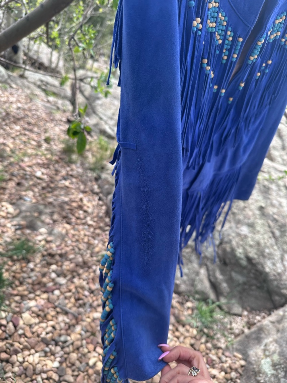Spell Royal Blue Suede Fringe Jacket with Beaded Trim - Picture 5 of 7